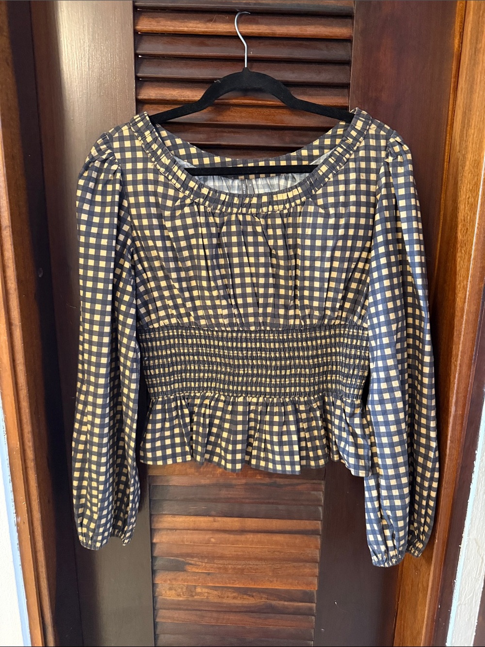 Anthropologie- Checkered Long-Sleeve Smocked Peplum Top - beige/Black